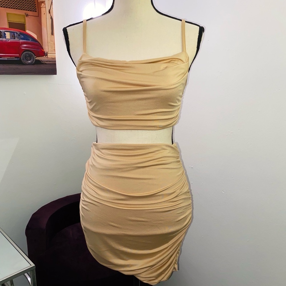 Chic Tan Ruched Two-Piece Outfit